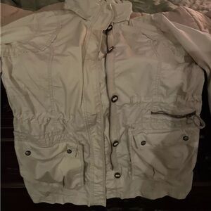 Eddie Bauer, Women Zip & Button L/S Safari Jacket, Pockets, Cinch Large Beige